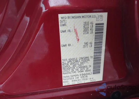 2015 Nissan Altima 2.5 Sl z USA, uszkodzony, nr VIN 1N4AL3AP6FN396042